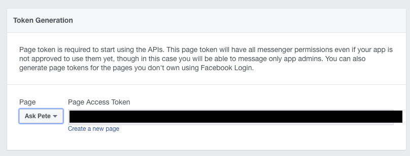 Screenshot of page access tokens in Facebook portal
