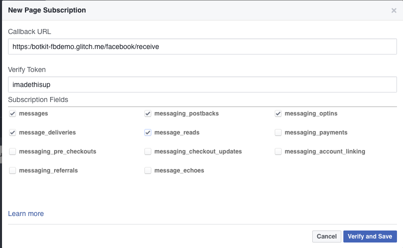 Screenshot of configuring webhooks in the Facebook portal
